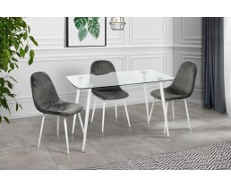 Кухонний стіл скляний та 4 стільці. Стільці Ембер-L білий/світло-сірий та Стіл Грейс білий/прозорий