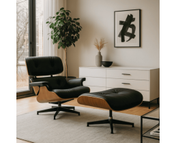 Кресло Релакс с отоманкой, экокожа черная/орех