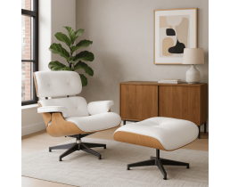 Кресло кожаное Релакс с отоманкой, белое