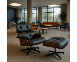 Кресло кожаное Релакс с отоманкой, черное/орех