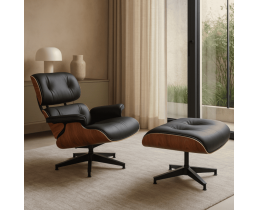 Кресло кожаное Релакс с отоманкой, черное/палисандр