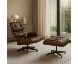 Кресло кожаное Релакс с отоманкой, коричневое