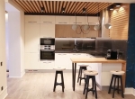 Встроенная кухня с белыми матовыми и древоподобными фасадами