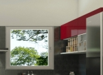 Угловая красная кухня с окном