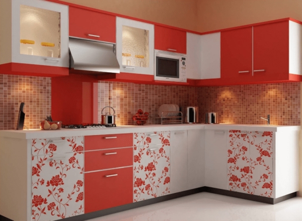 Кутова кухня з Фарбований фасадами, червоні кухні