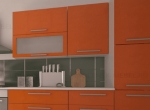 Прямая оранжевая кухня с крашеными фасадами